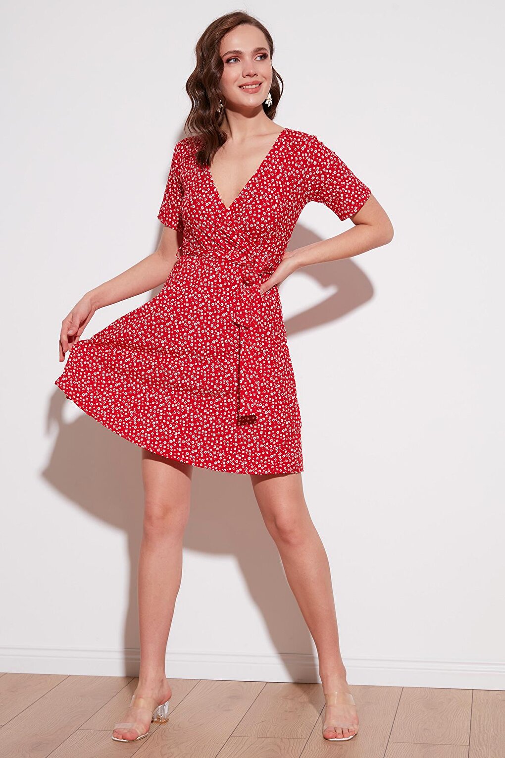 Floral Patterned Double Breasted Collar Ribbed Dress 5864505Y6