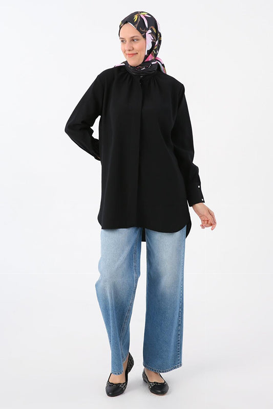 Black High Collar Shirt Tunic with Gathered Cufflinks Detail