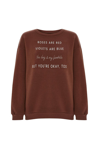 Printed Solid Color Sweatshirt -Brown