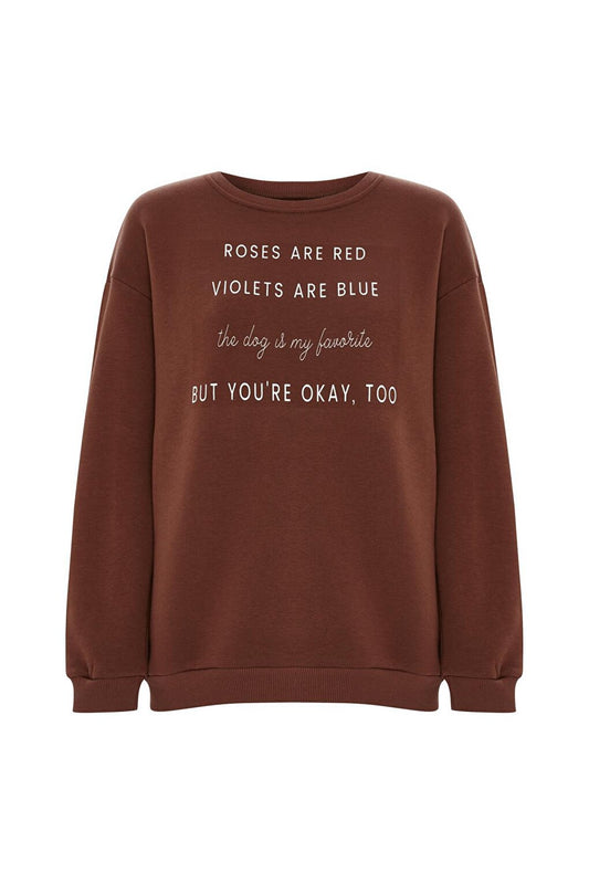 Printed Solid Color Sweatshirt -Brown