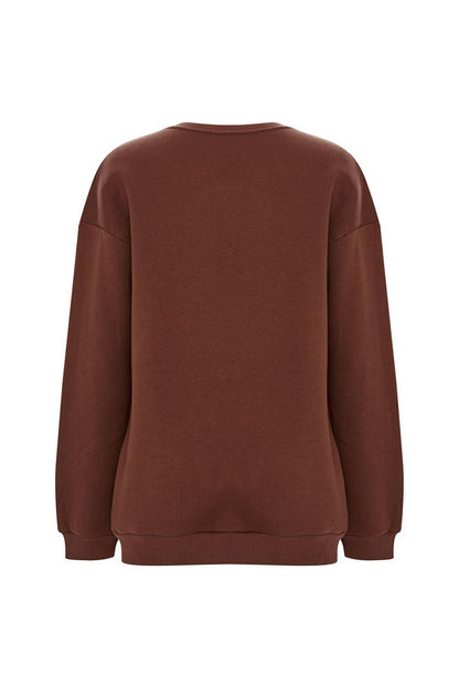 Printed Solid Color Sweatshirt -Brown