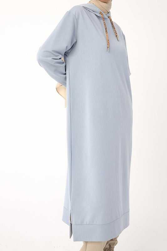 Light Blue Leopard Lace-up Hooded Comfortable Knitted Tunic