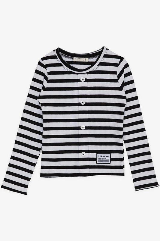 Girl's Long Sleeve T-Shirt Button Accessories Striped Black (Age 8-14)