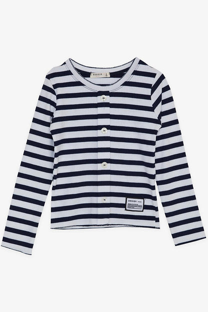 Girl's Long Sleeve T-Shirt Button Accessories Striped White (Age 8-14)