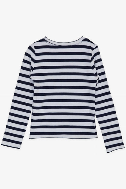 Girl's Long Sleeve T-Shirt Button Accessories Striped White (Age 8-14)