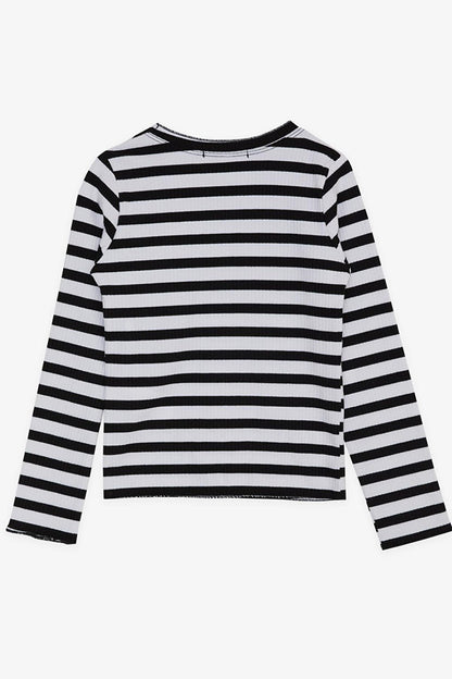 Girl's Long Sleeve T-Shirt Button Accessories Striped Black (Age 8-14)