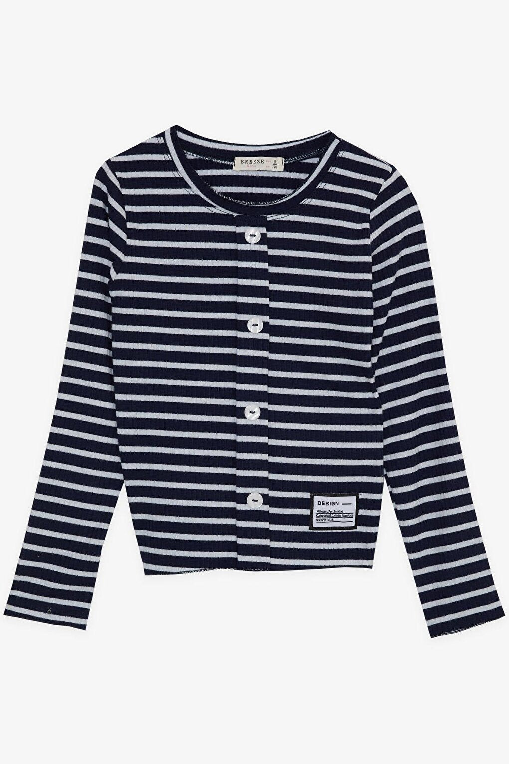 Girl's Long Sleeve T-Shirt with Button Accessories Striped Navy Blue (Age 8-14)