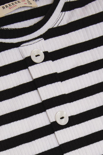 Girl's Long Sleeve T-Shirt Button Accessories Striped Black (Age 8-14)