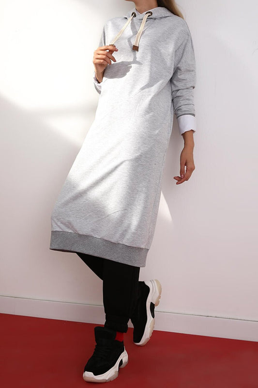 Gray Melange Eyelet Hooded Sweat Tunic with Pockets