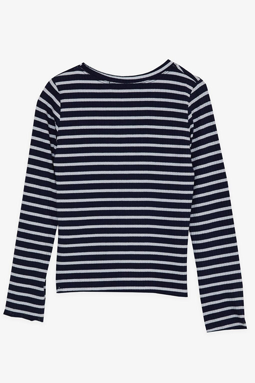 Girl's Long Sleeve T-Shirt with Button Accessories Striped Navy Blue (Age 8-14)