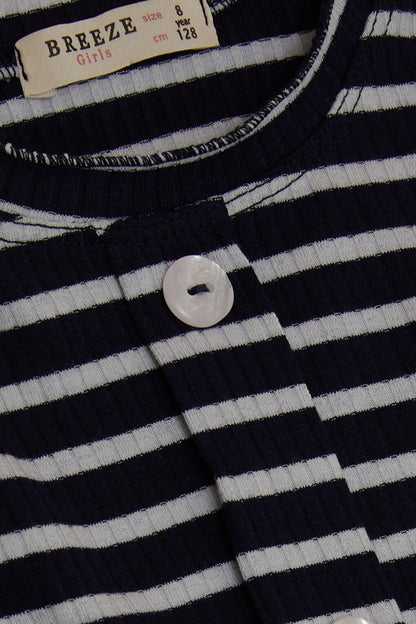 Girl's Long Sleeve T-Shirt with Button Accessories Striped Navy Blue (Age 8-14)