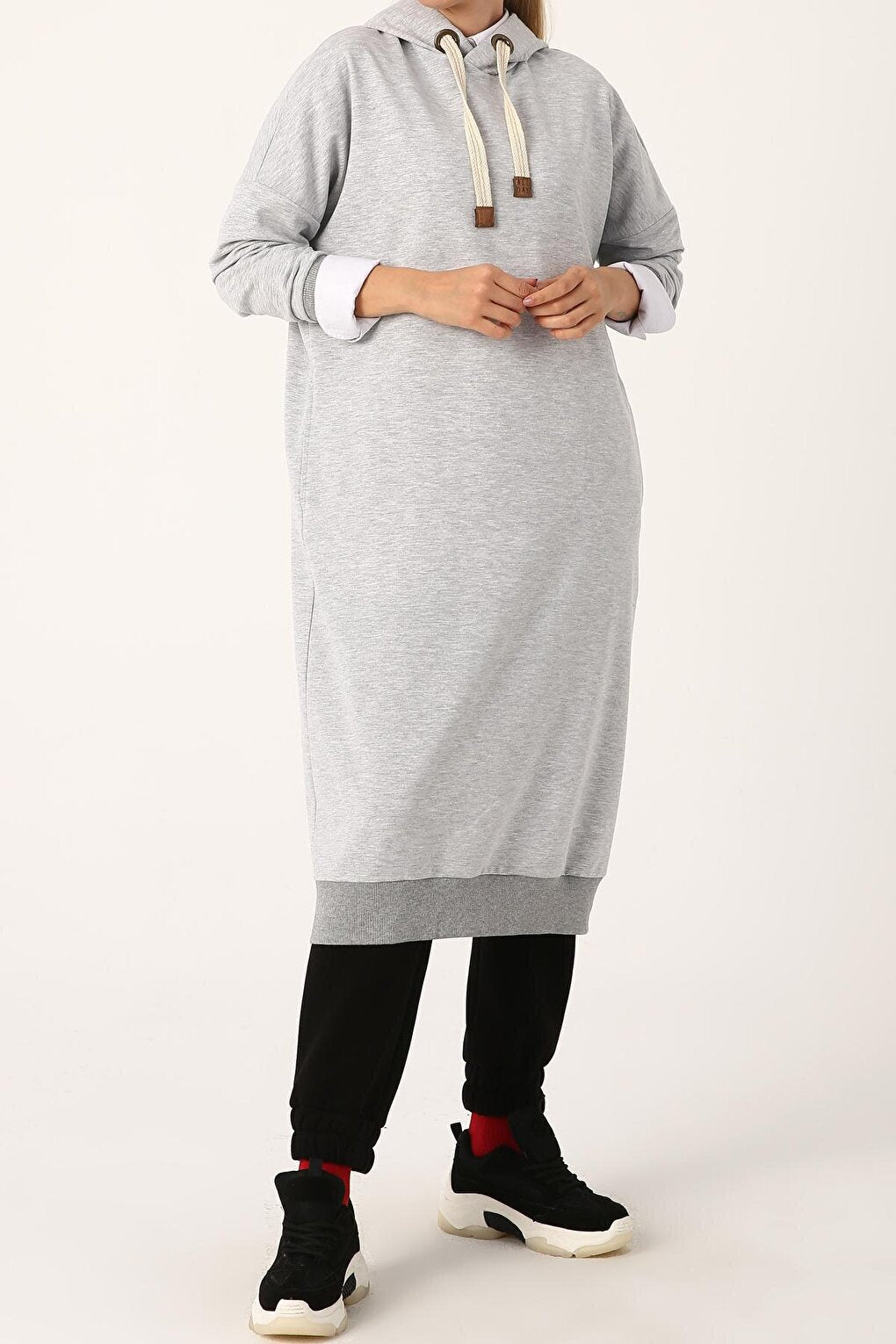 Gray Melange Eyelet Hooded Sweat Tunic with Pockets