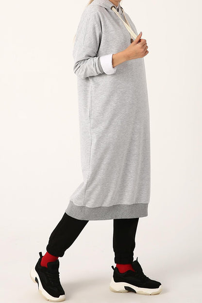 Gray Melange Eyelet Hooded Sweat Tunic with Pockets