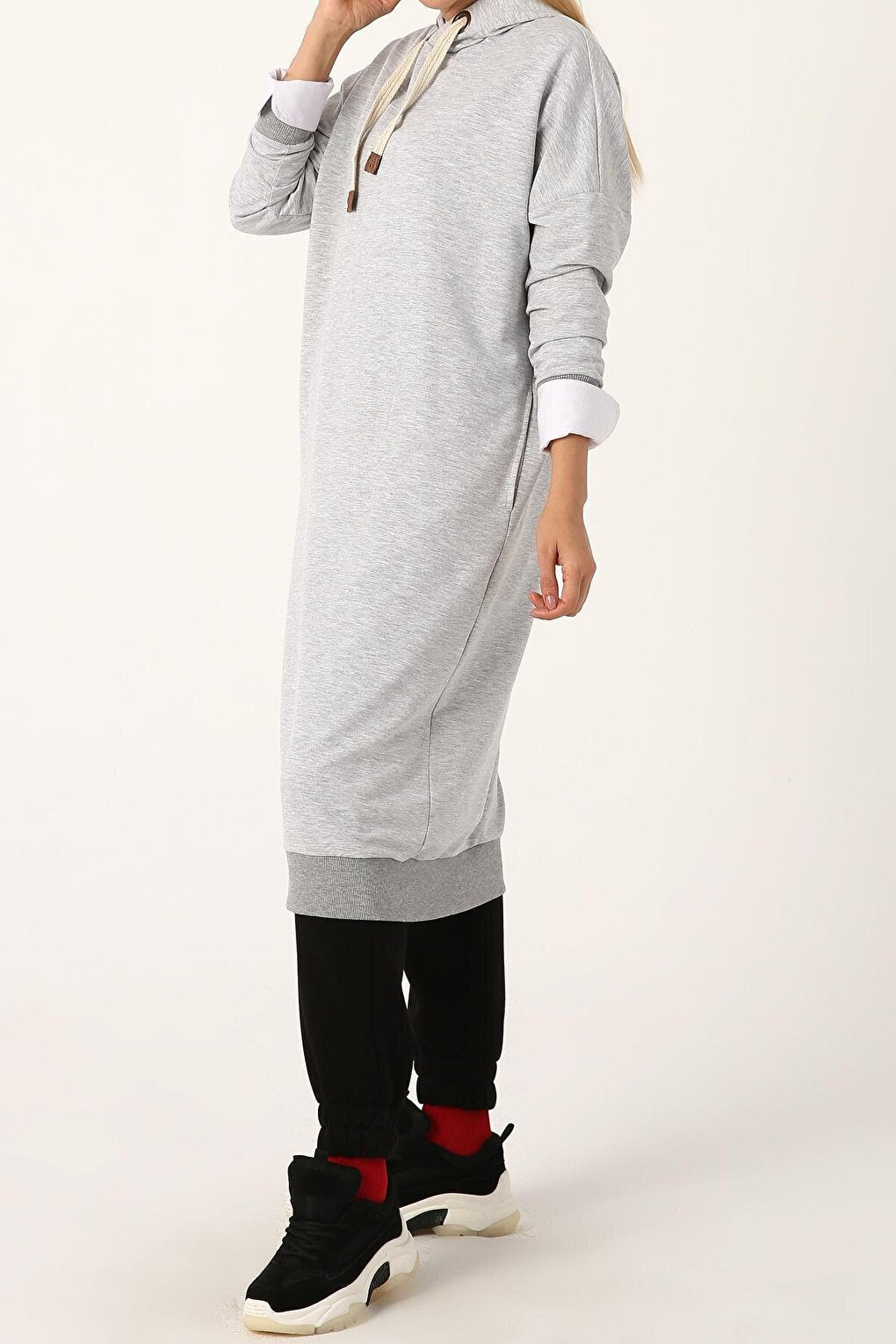 Gray Melange Eyelet Hooded Sweat Tunic with Pockets