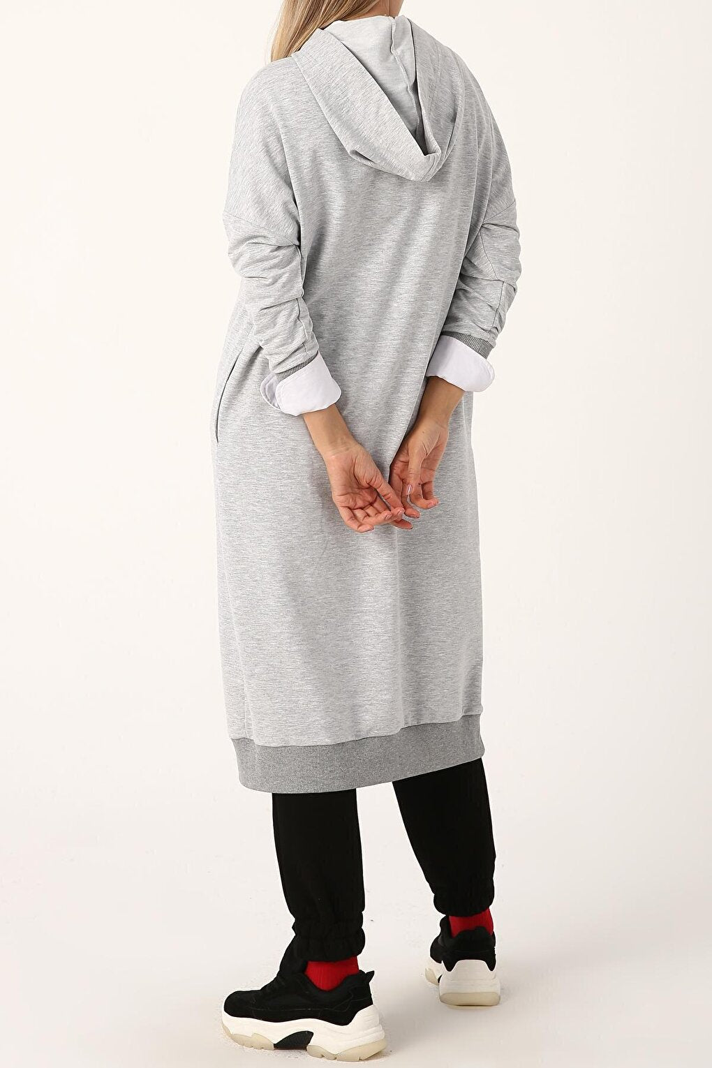 Gray Melange Eyelet Hooded Sweat Tunic with Pockets