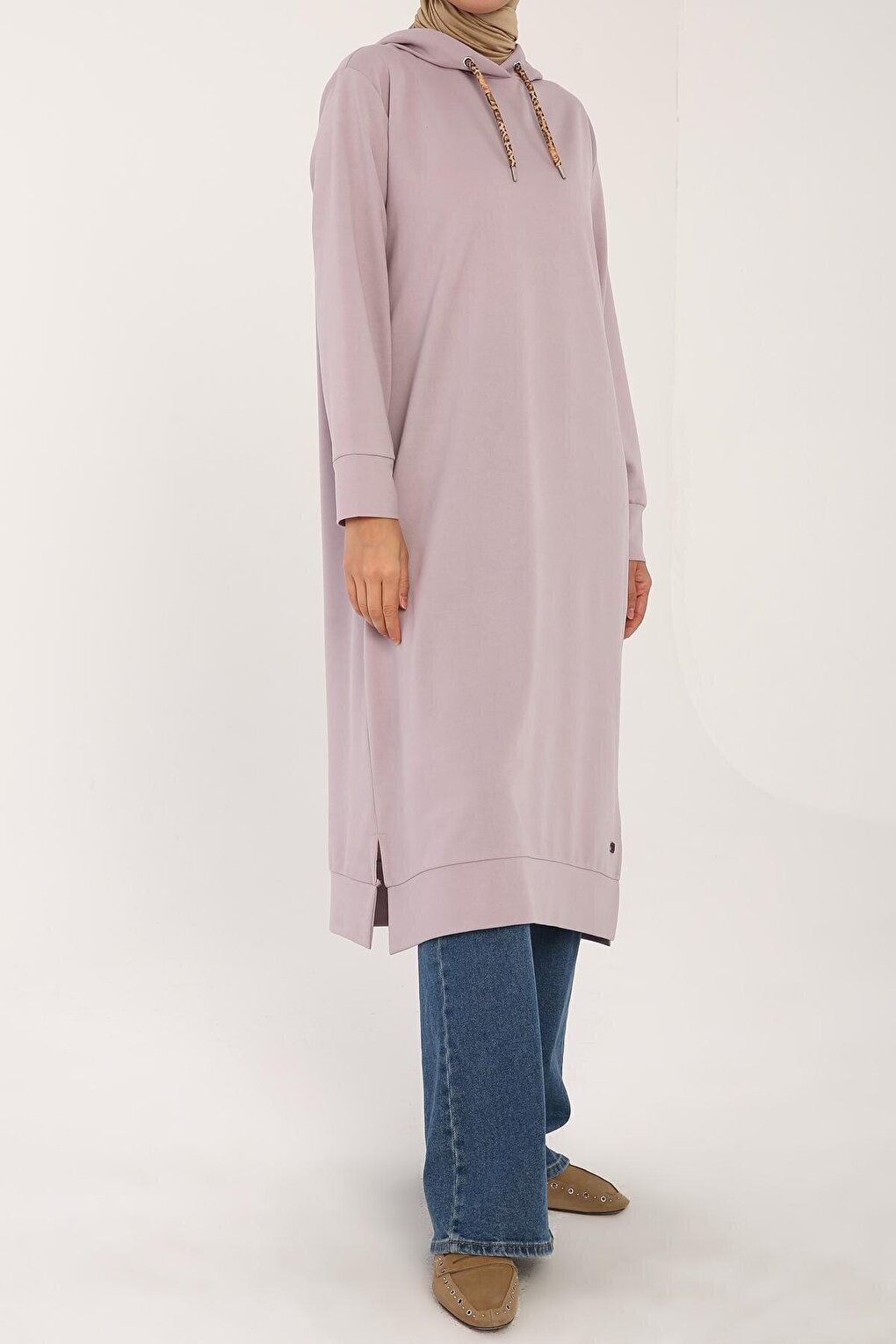 Lilac Leopard Lace-up Hooded Comfortable Knitted Tunic