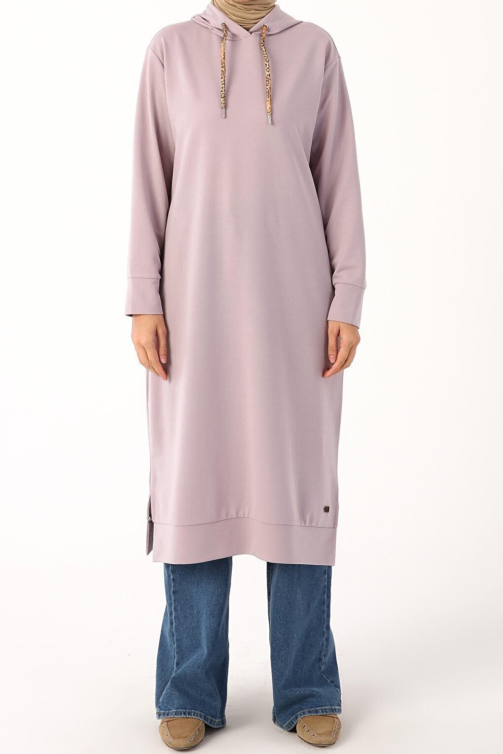 Lilac Leopard Lace-up Hooded Comfortable Knitted Tunic