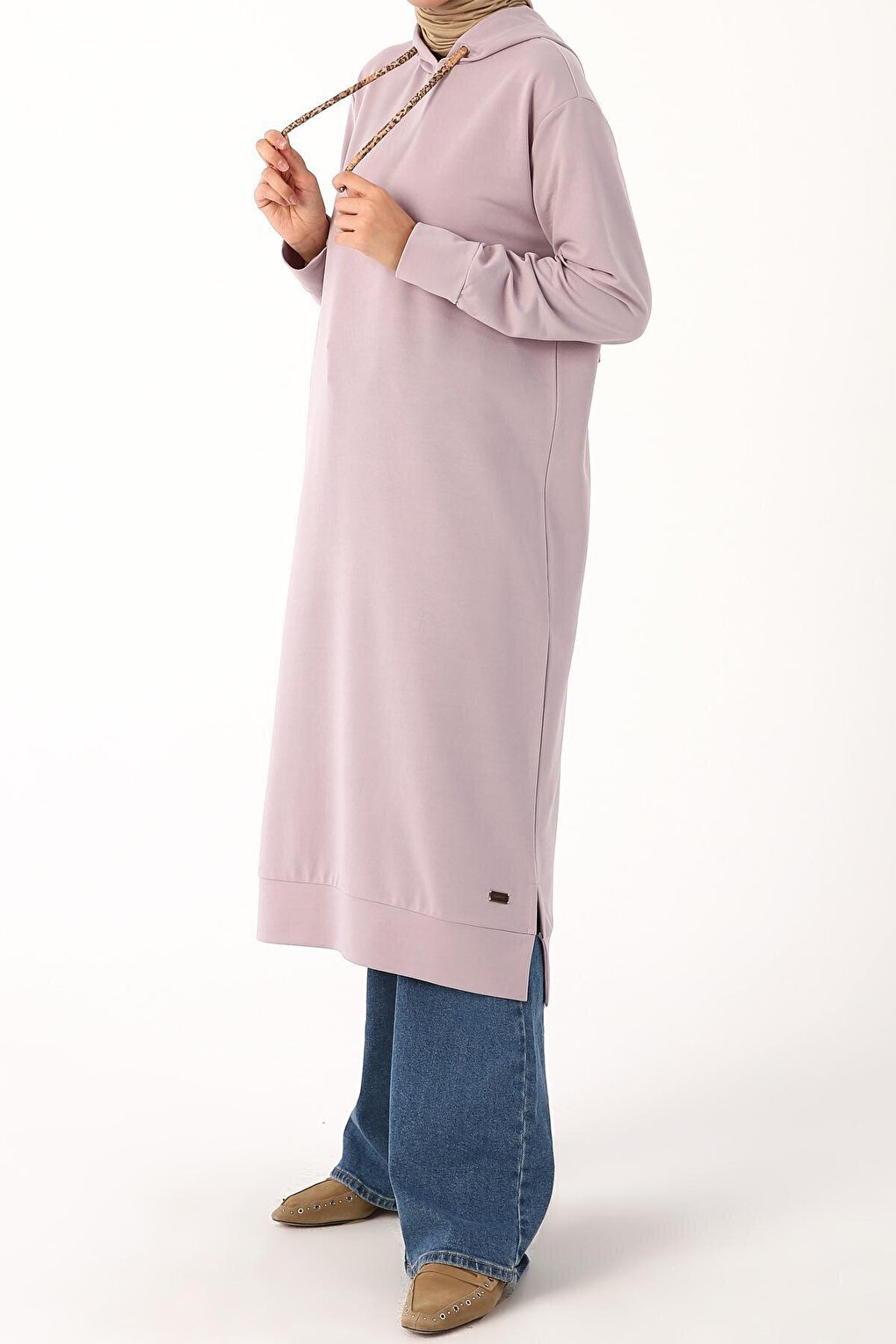 Lilac Leopard Lace-up Hooded Comfortable Knitted Tunic