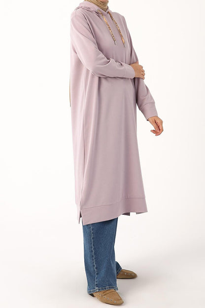 Lilac Leopard Lace-up Hooded Comfortable Knitted Tunic