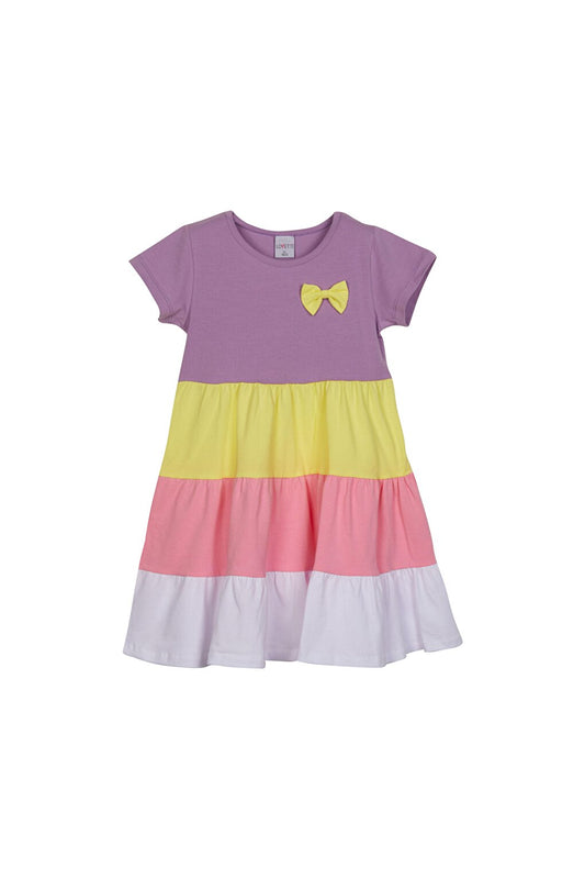 Lilac + White Girl's Short Sleeve Bow Tiered Colorful Layered Dress