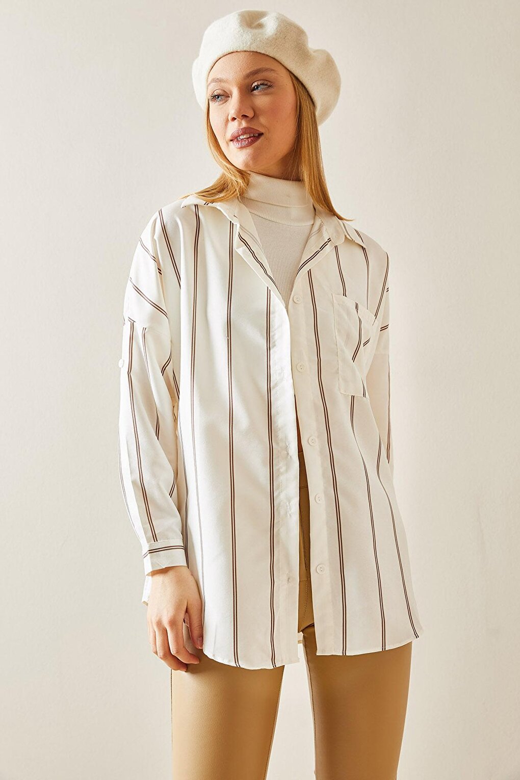 Brown Striped Oversize Shirt 4KXK2-47862-18