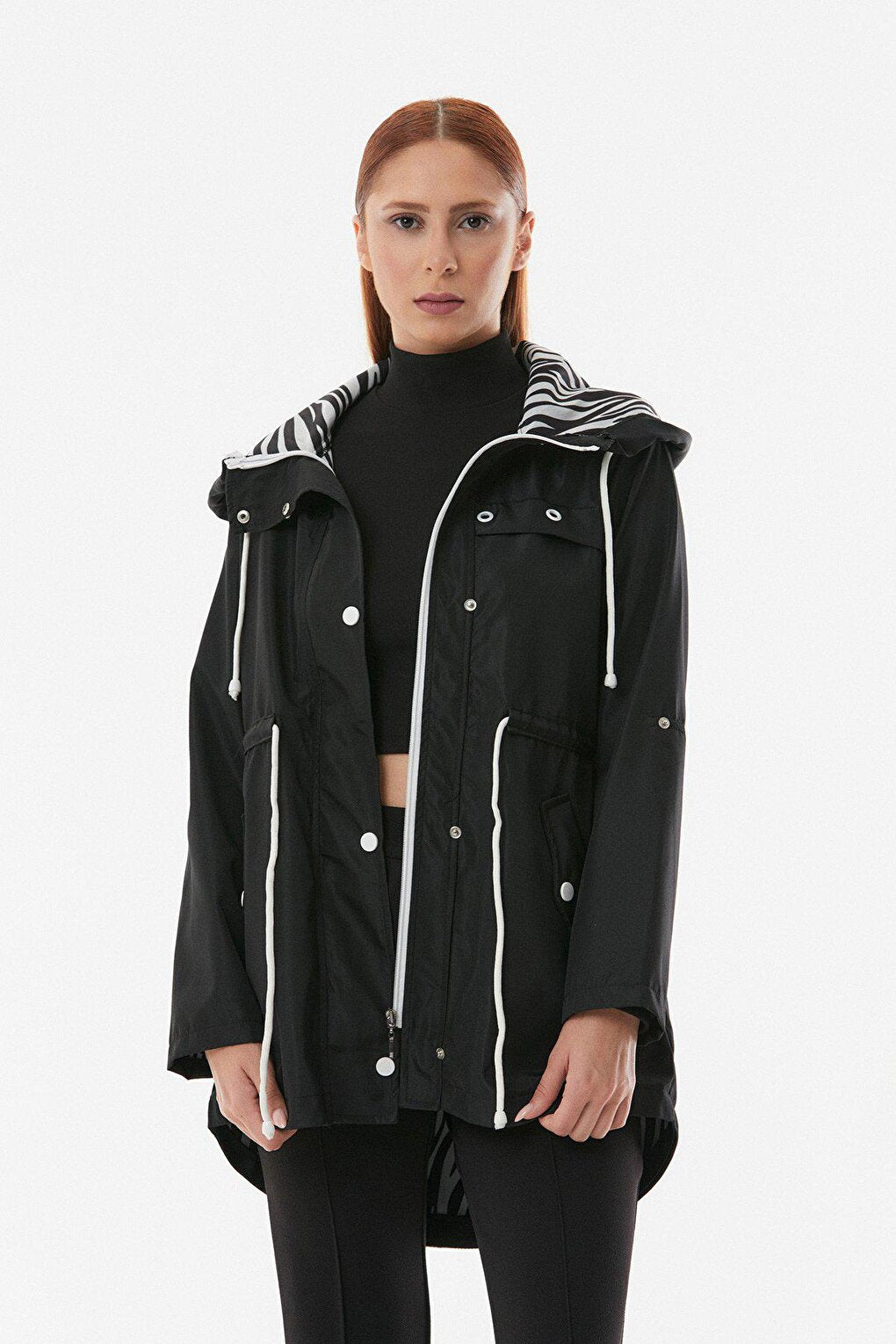 Hooded Trench Coat with Folded Sleeves