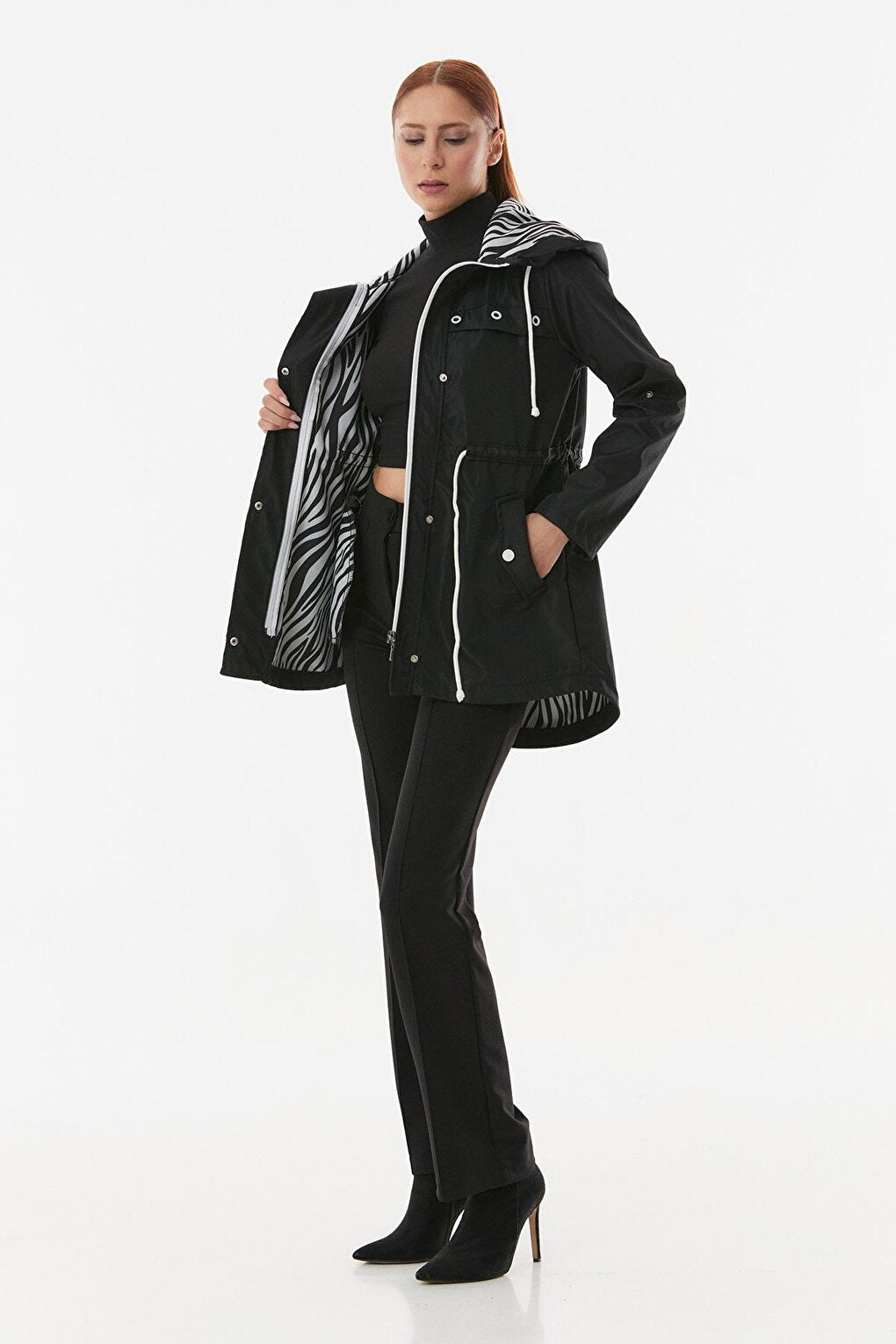 Hooded Trench Coat with Folded Sleeves