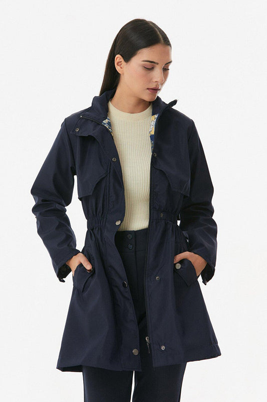 Trench Coat with Folded Sleeves and Elastic Waist