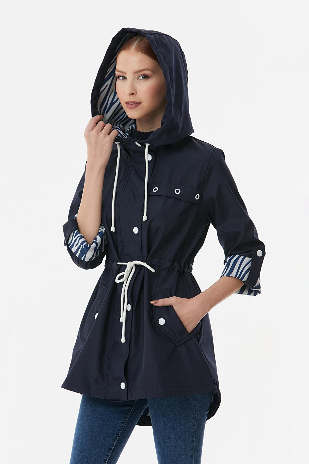 Hooded Trench Coat with Folded Sleeves