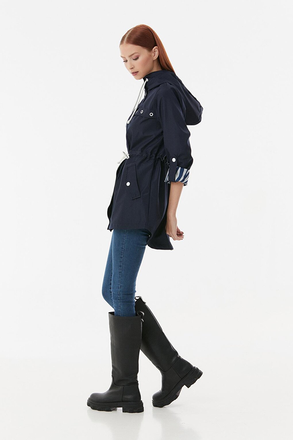 Hooded Trench Coat with Folded Sleeves