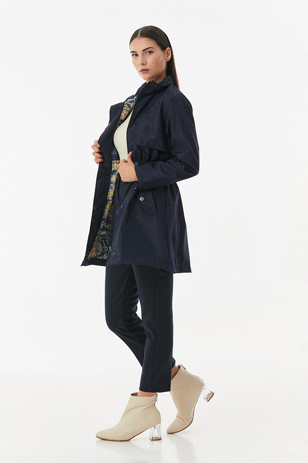 Trench Coat with Folded Sleeves and Elastic Waist