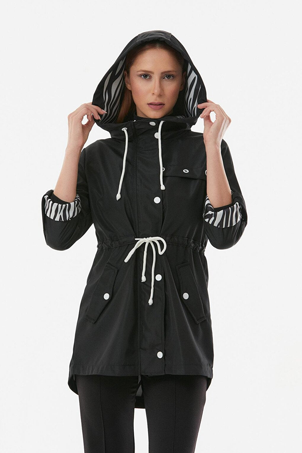 Hooded Trench Coat with Folded Sleeves