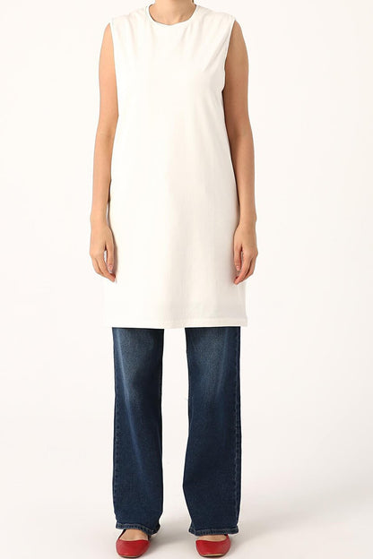 Ecru Collar Piping Sleeveless Basic Tunic