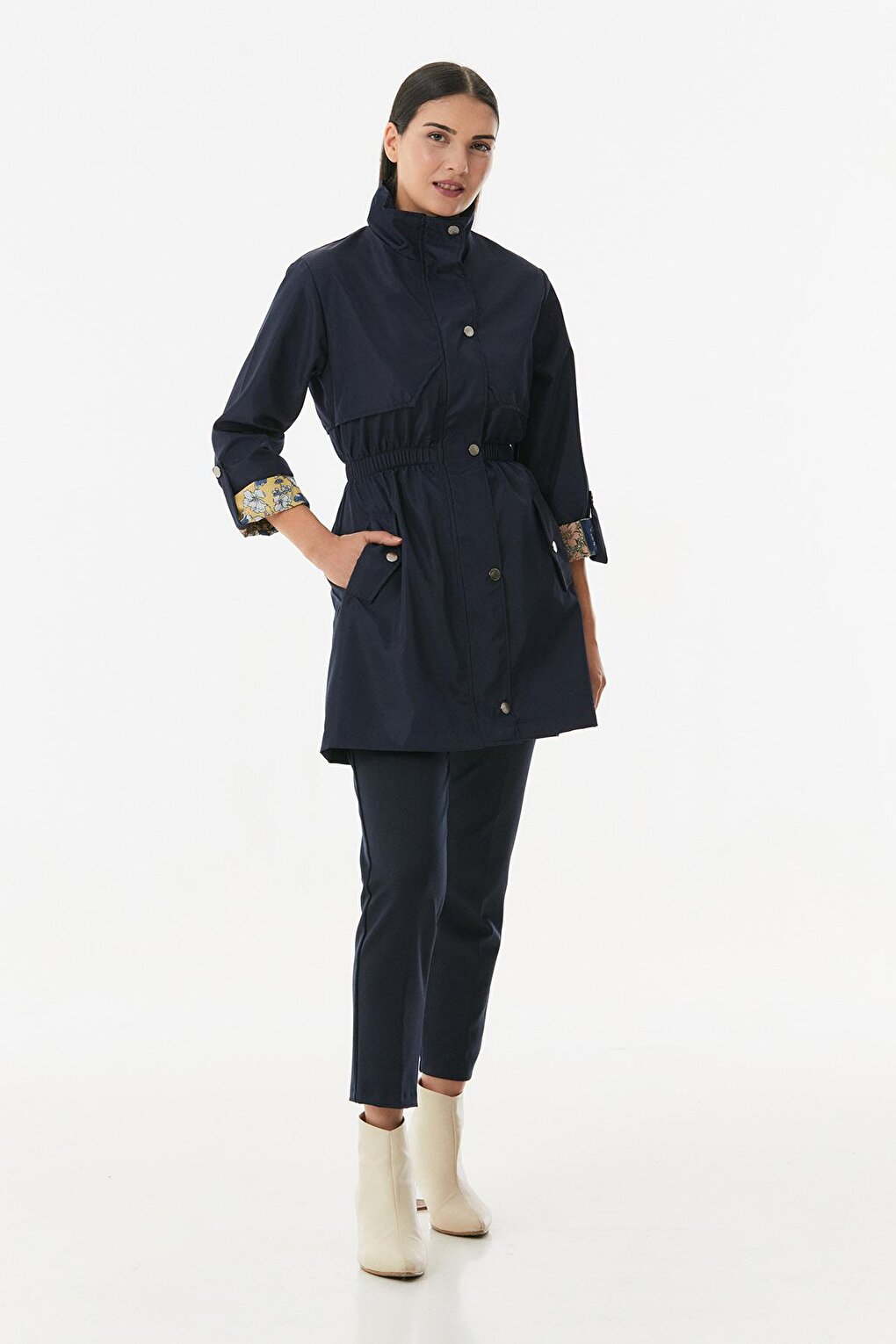 Trench Coat with Folded Sleeves and Elastic Waist