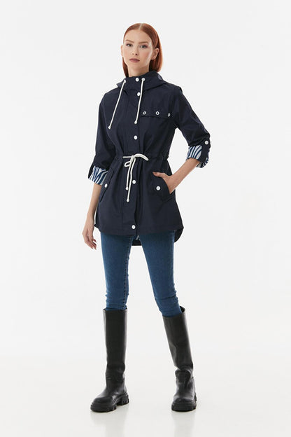 Hooded Trench Coat with Folded Sleeves