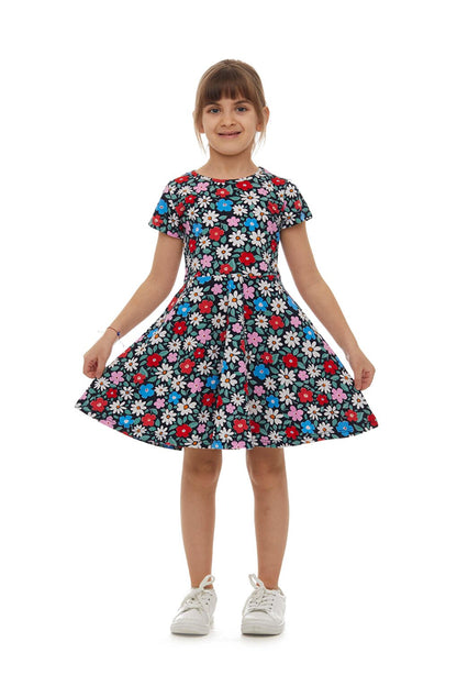 Girl's Daisy Festival Pattern Short Sleeve Flared Skirt Dress