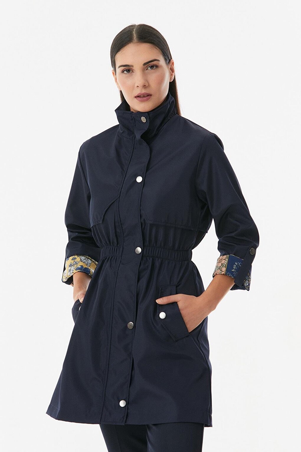 Trench Coat with Folded Sleeves and Elastic Waist