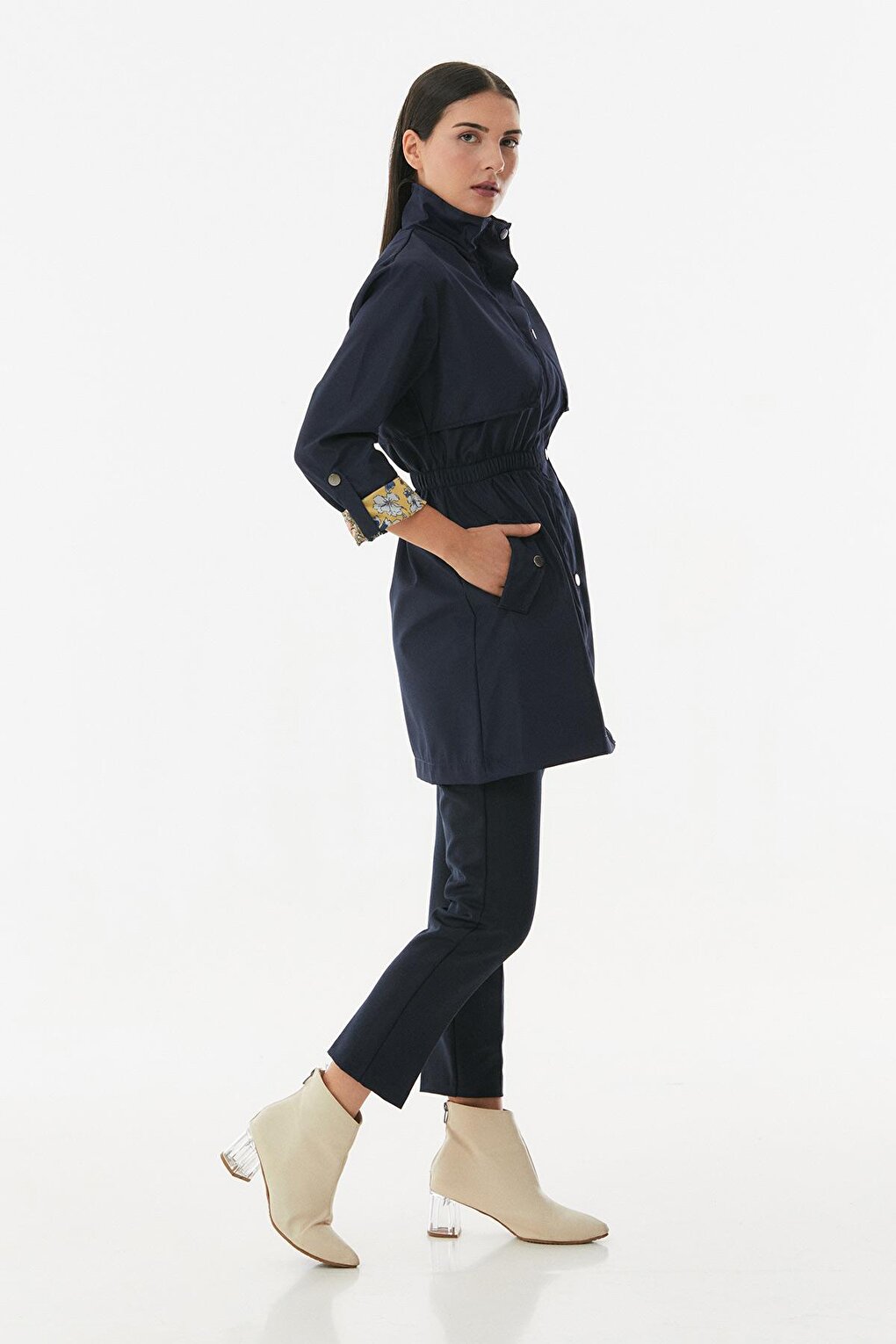 Trench Coat with Folded Sleeves and Elastic Waist