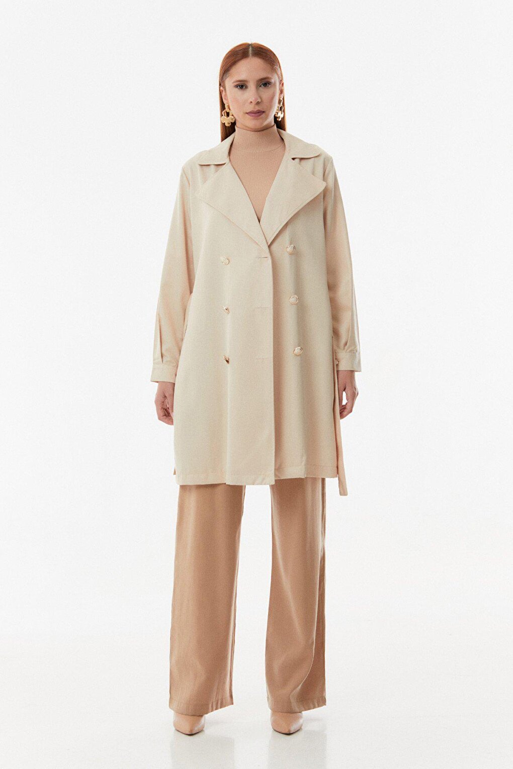 Buttoned Double Breasted Collar Belted Trench Coat