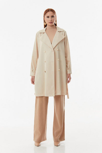 Buttoned Double Breasted Collar Belted Trench Coat