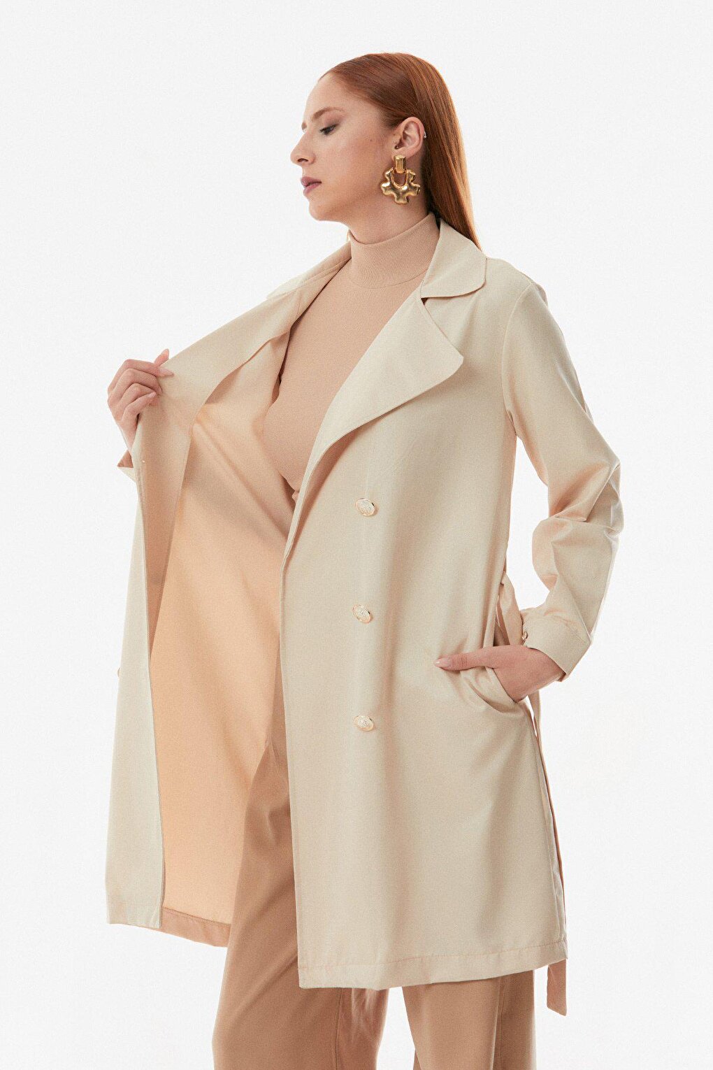 Buttoned Double Breasted Collar Belted Trench Coat