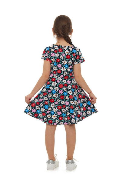 Girl's Daisy Festival Pattern Short Sleeve Flared Skirt Dress