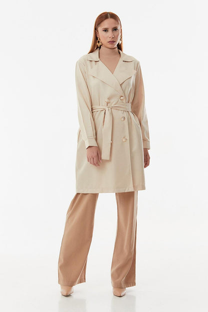 Buttoned Double Breasted Collar Belted Trench Coat