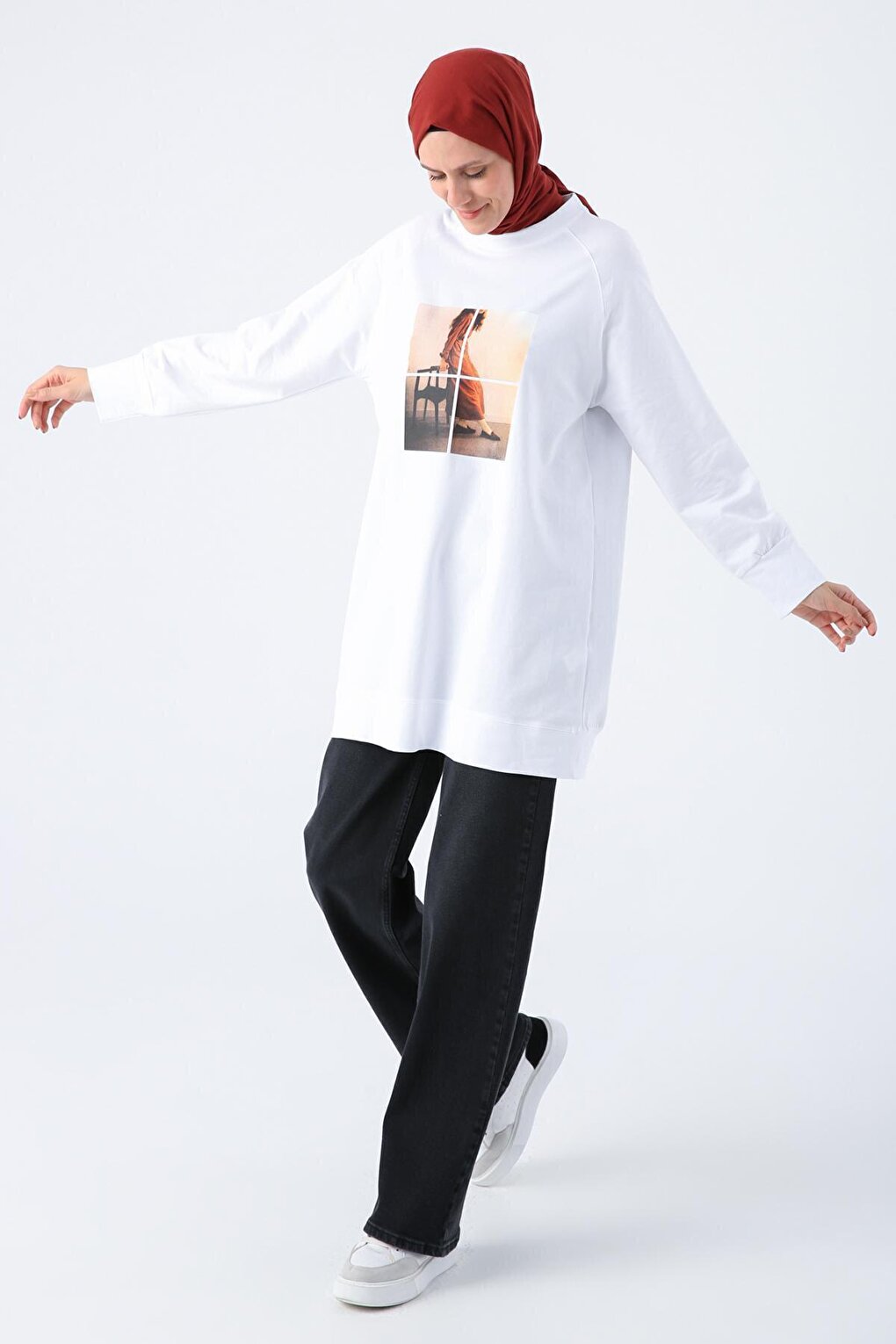 White Photo Printed Sweat Tunic