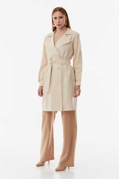 Buttoned Double Breasted Collar Belted Trench Coat