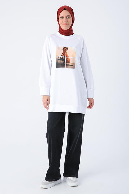 White Photo Printed Sweat Tunic