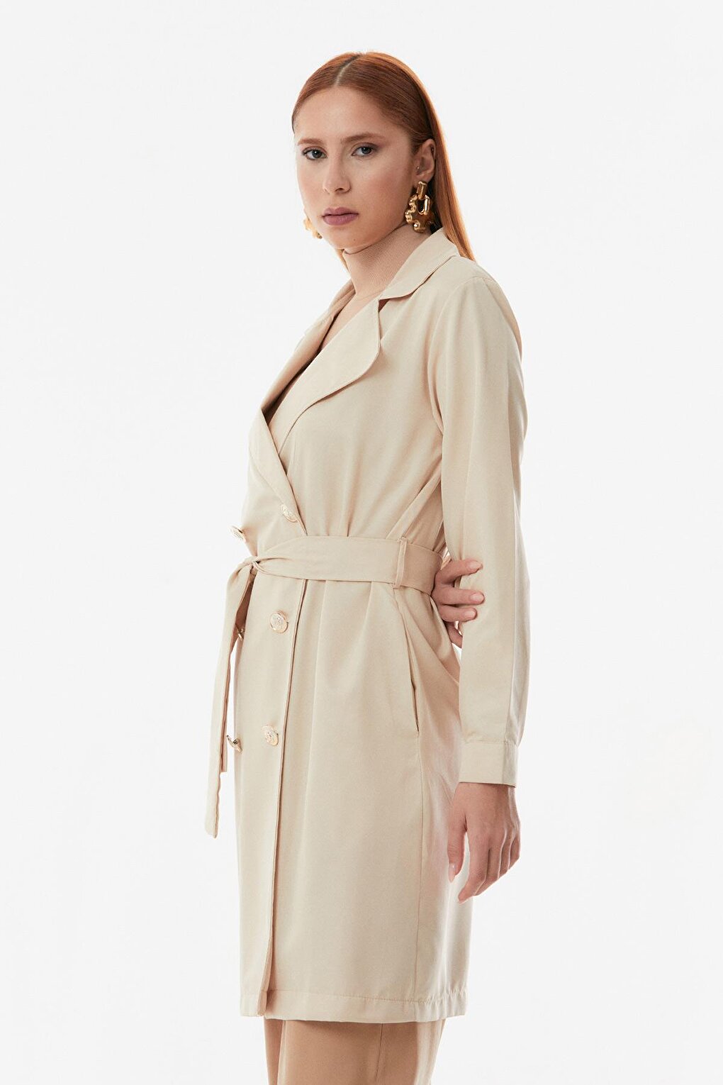 Buttoned Double Breasted Collar Belted Trench Coat