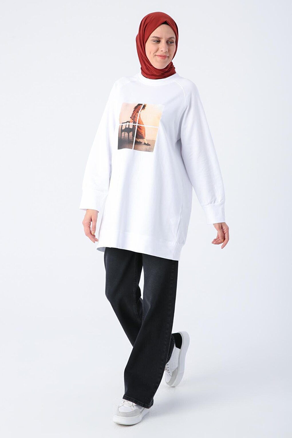 White Photo Printed Sweat Tunic