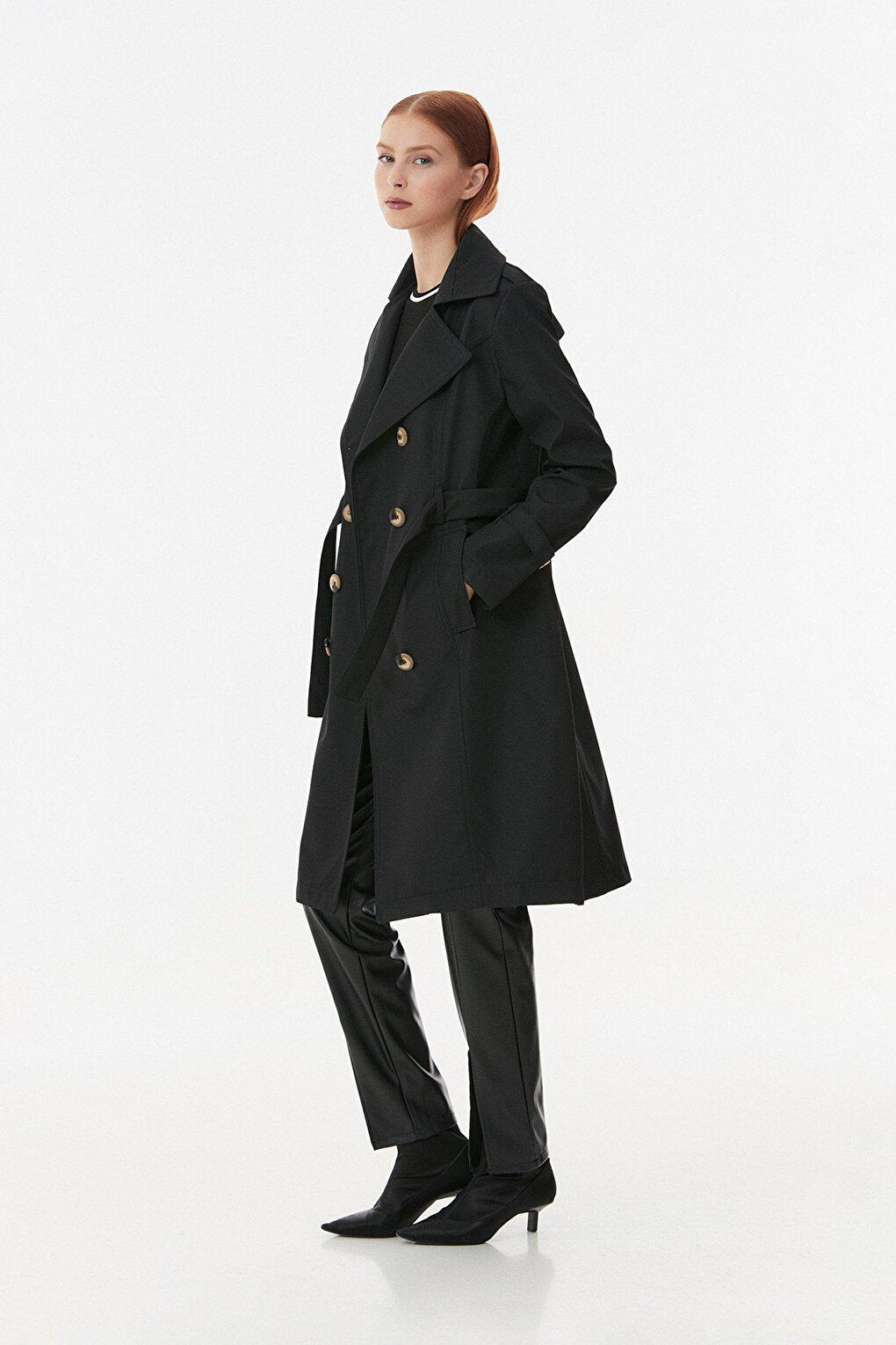 Double Breasted Collar Trench Coat with Tie Waist