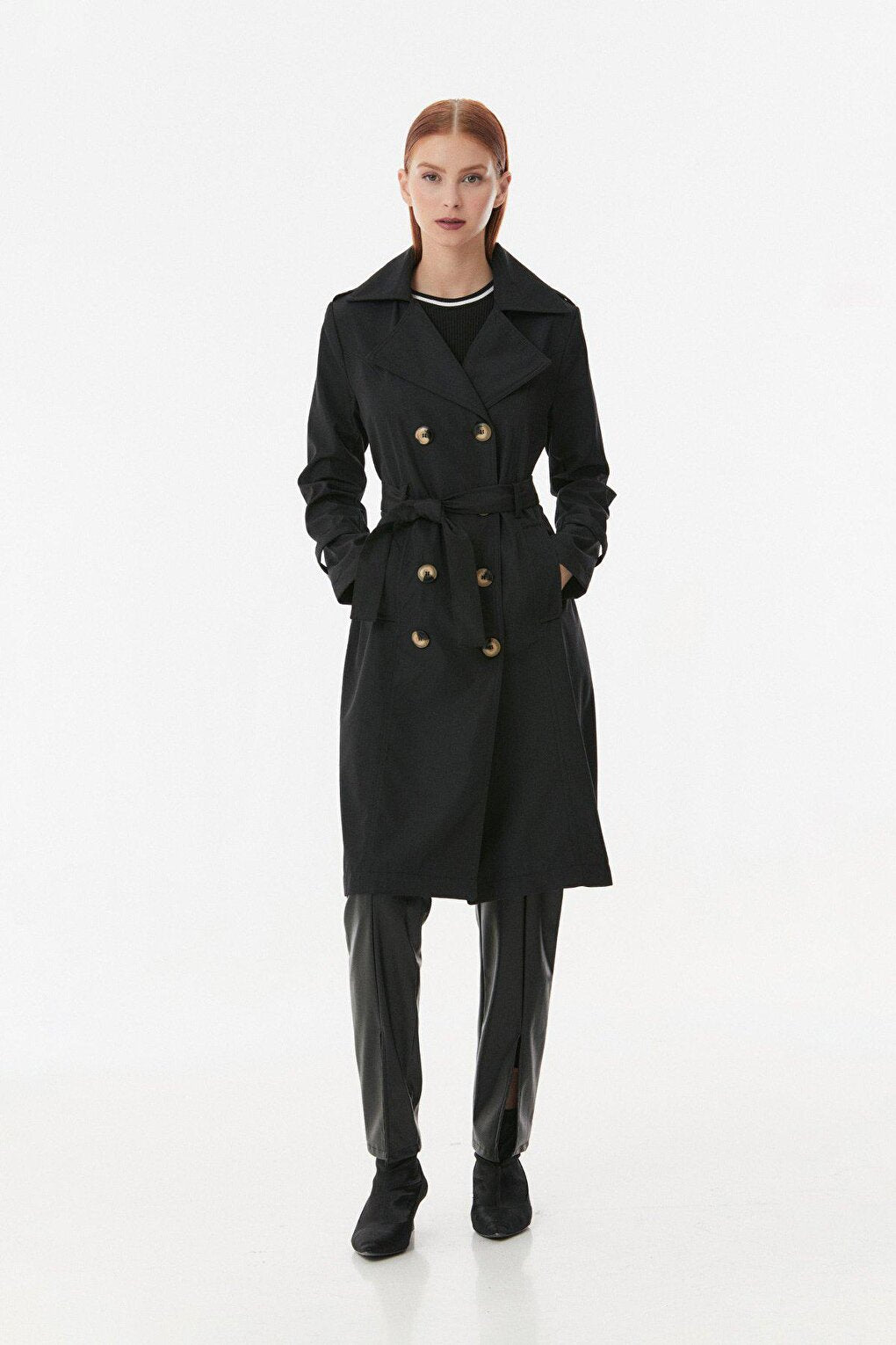 Double Breasted Collar Trench Coat with Tie Waist